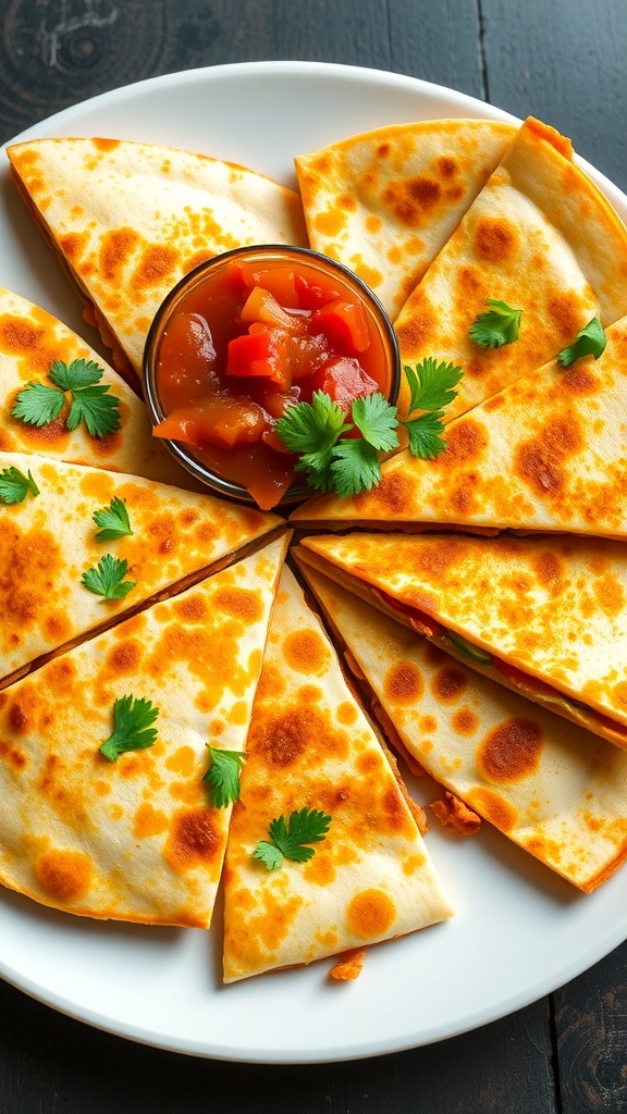 Golden-brown quesadillas filled with cheese and vegetables, served with salsa and guacamole.
